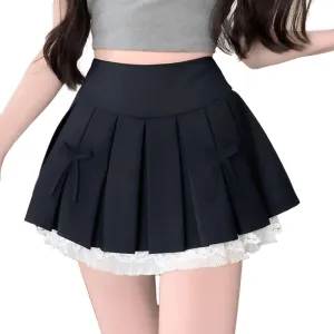 Kawaii Lolita Harajuku Goth Fashion Casual Style Zipper A-Line Cute Knot-Bow Lace Trim Pleated Short Skirt