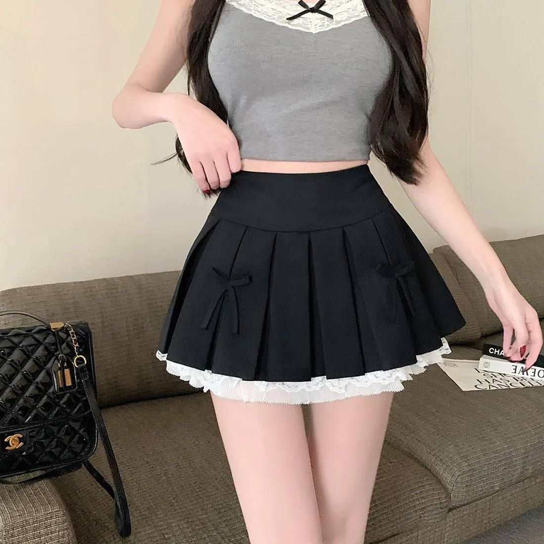 Kawaii Lolita Harajuku Goth Fashion Casual Style Zipper A-Line Cute Knot-Bow Lace Trim Pleated Short Skirt