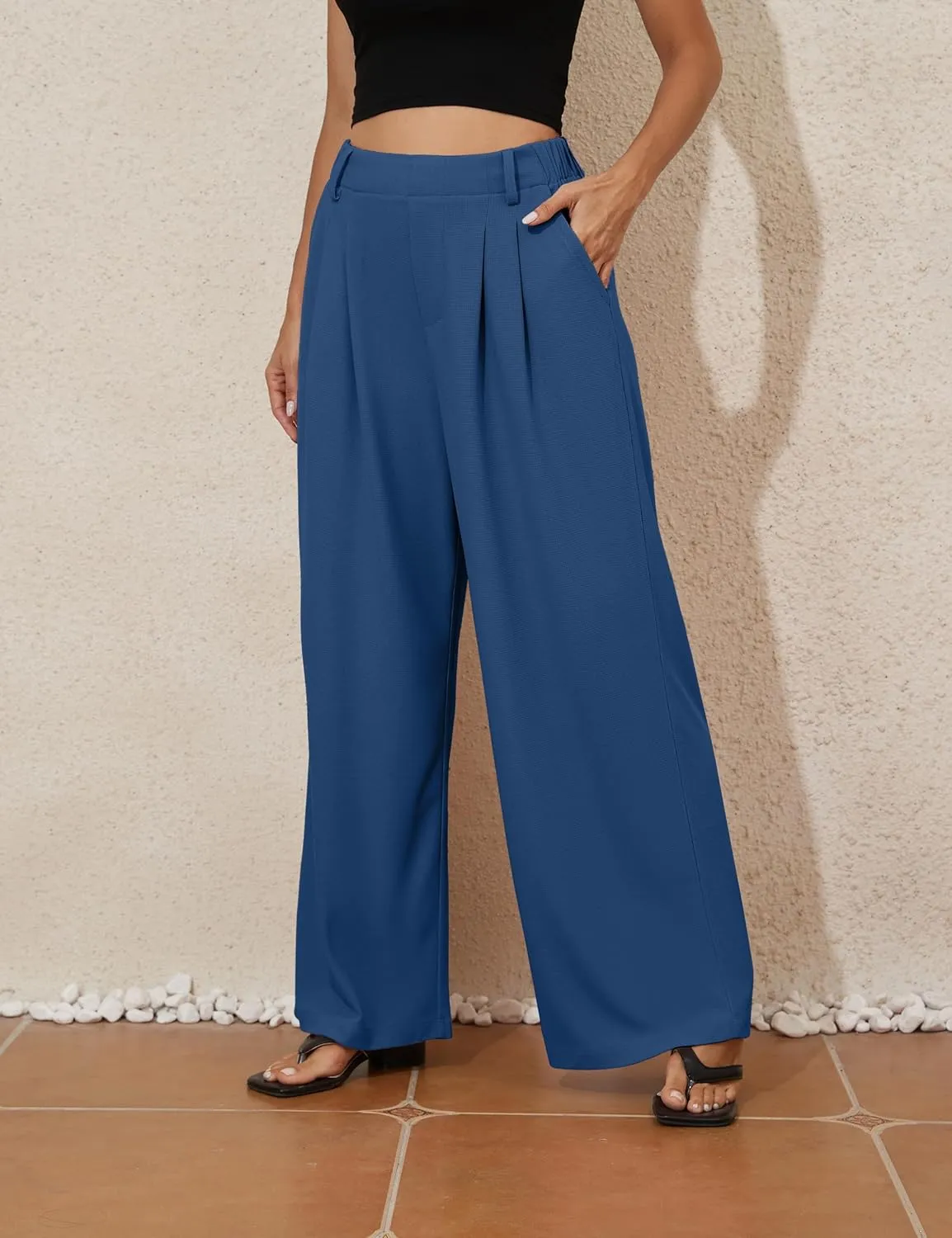 kayamiya Women's Elastic Waist Wide Leg Waffle Pants High Waisted Business Work Casual Summer Dress Trousers with Pockets