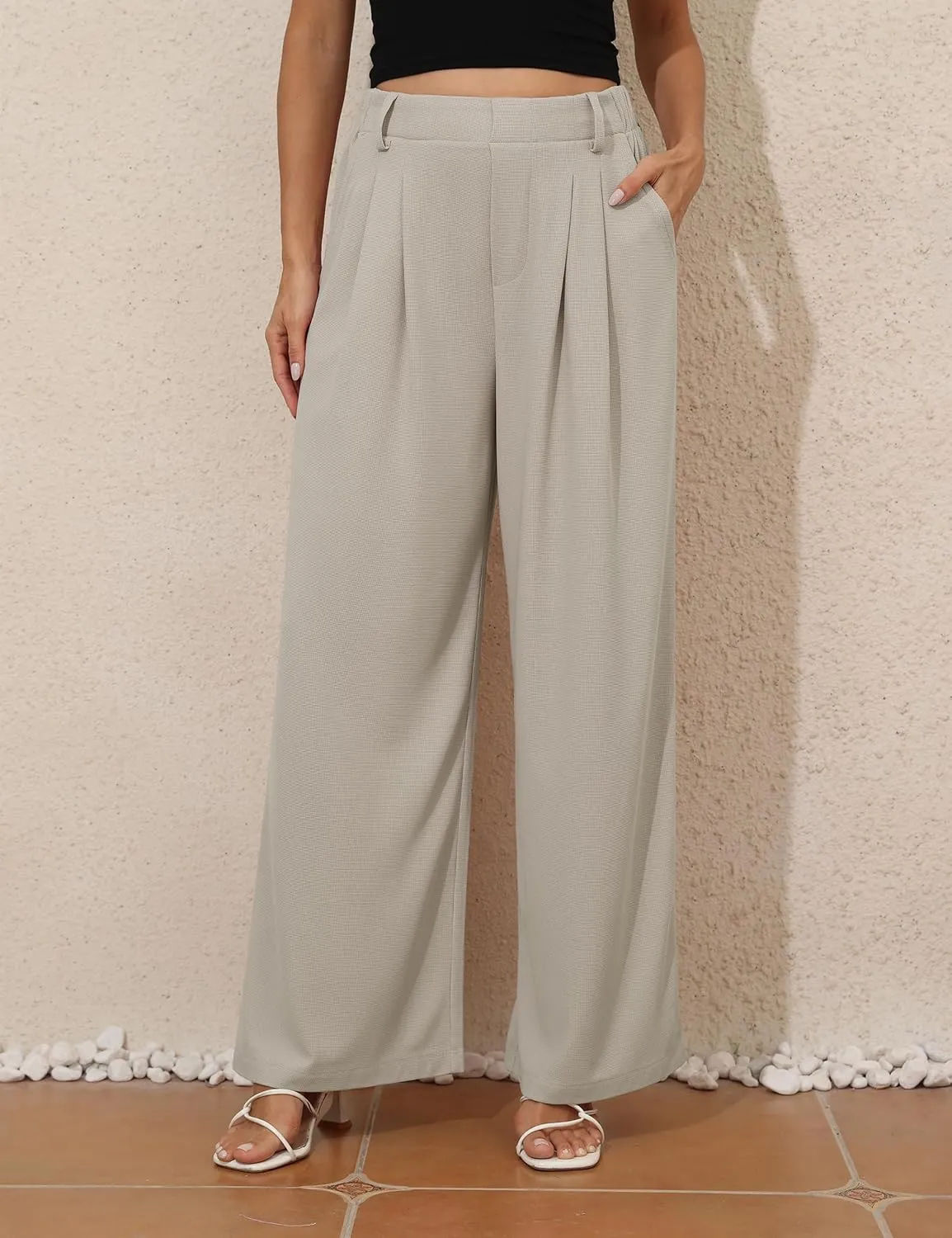 kayamiya Women's Elastic Waist Wide Leg Waffle Pants High Waisted Business Work Casual Summer Dress Trousers with Pockets