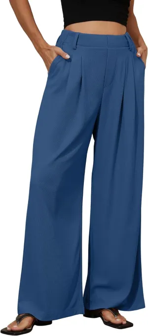 kayamiya Women's Elastic Waist Wide Leg Waffle Pants High Waisted Business Work Casual Summer Dress Trousers with Pockets