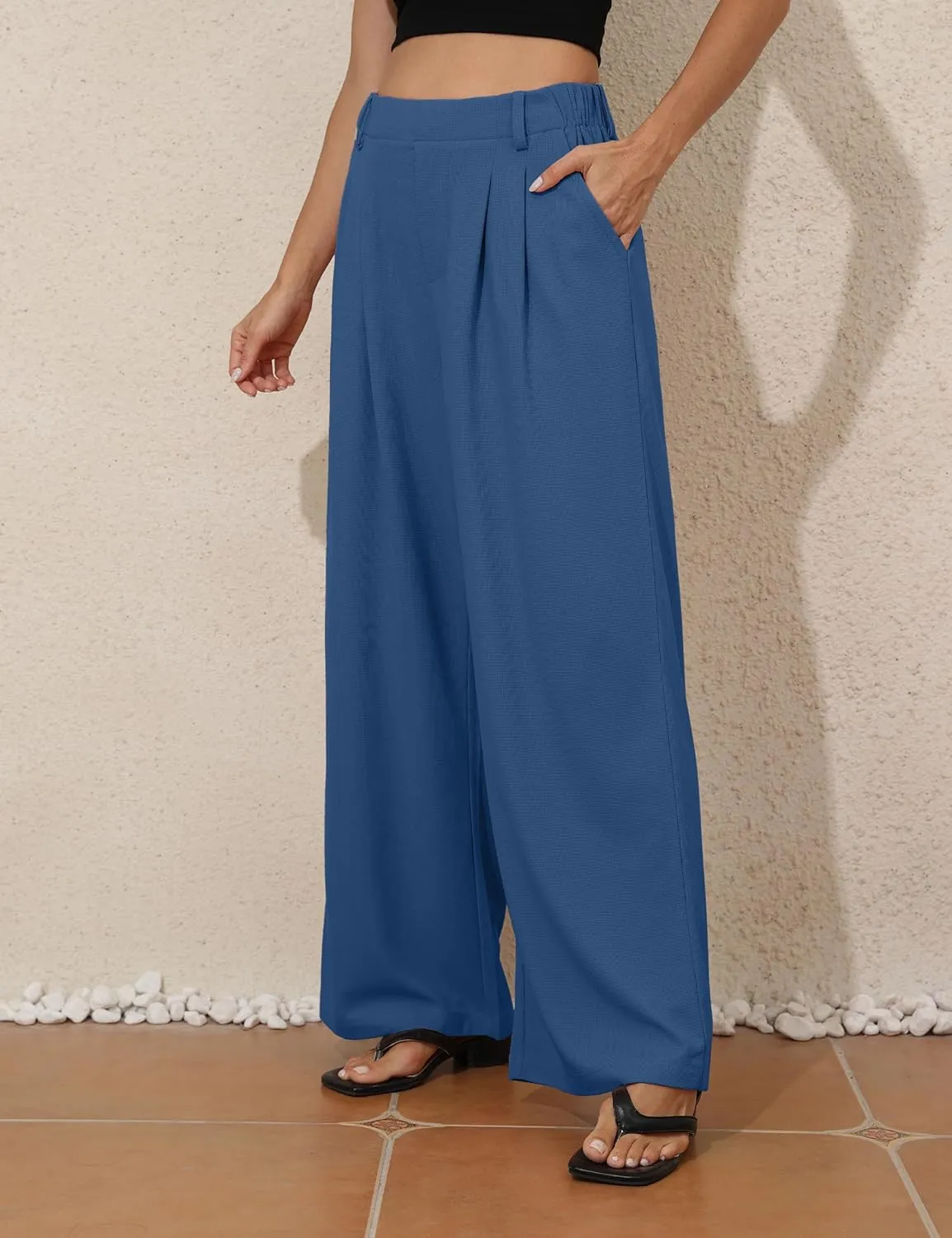 kayamiya Women's Elastic Waist Wide Leg Waffle Pants High Waisted Business Work Casual Summer Dress Trousers with Pockets