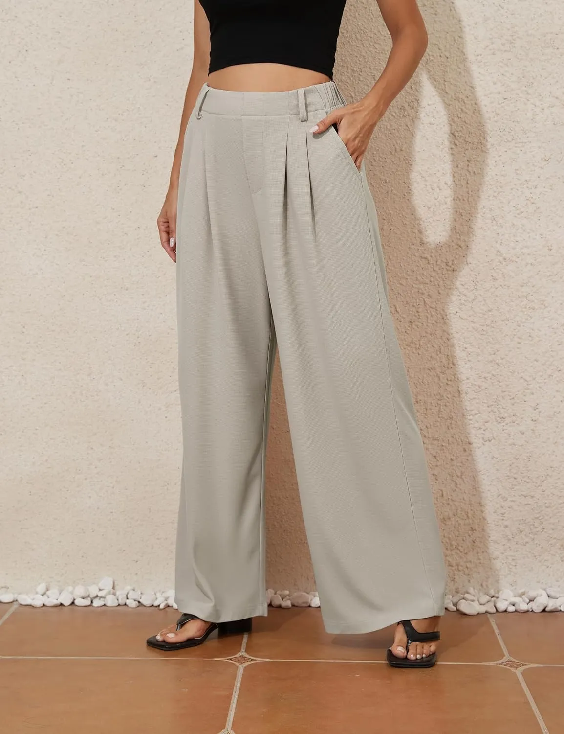 kayamiya Women's Elastic Waist Wide Leg Waffle Pants High Waisted Business Work Casual Summer Dress Trousers with Pockets