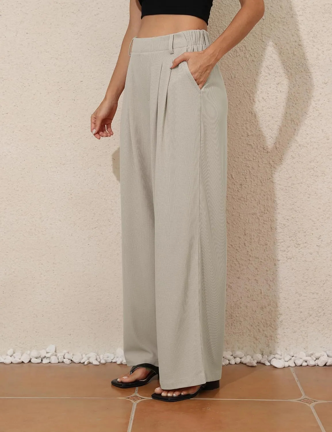 kayamiya Women's Elastic Waist Wide Leg Waffle Pants High Waisted Business Work Casual Summer Dress Trousers with Pockets