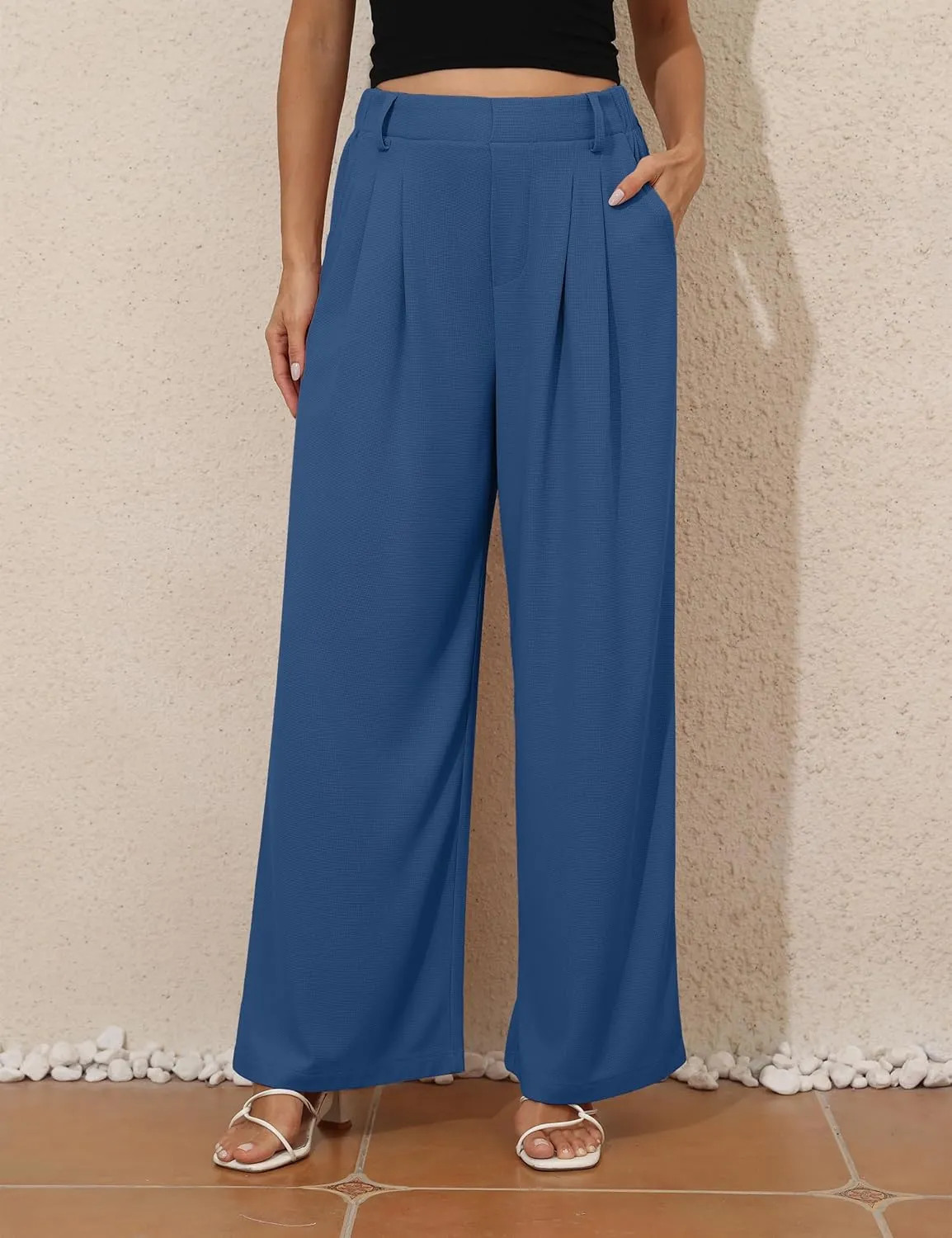 kayamiya Women's Elastic Waist Wide Leg Waffle Pants High Waisted Business Work Casual Summer Dress Trousers with Pockets