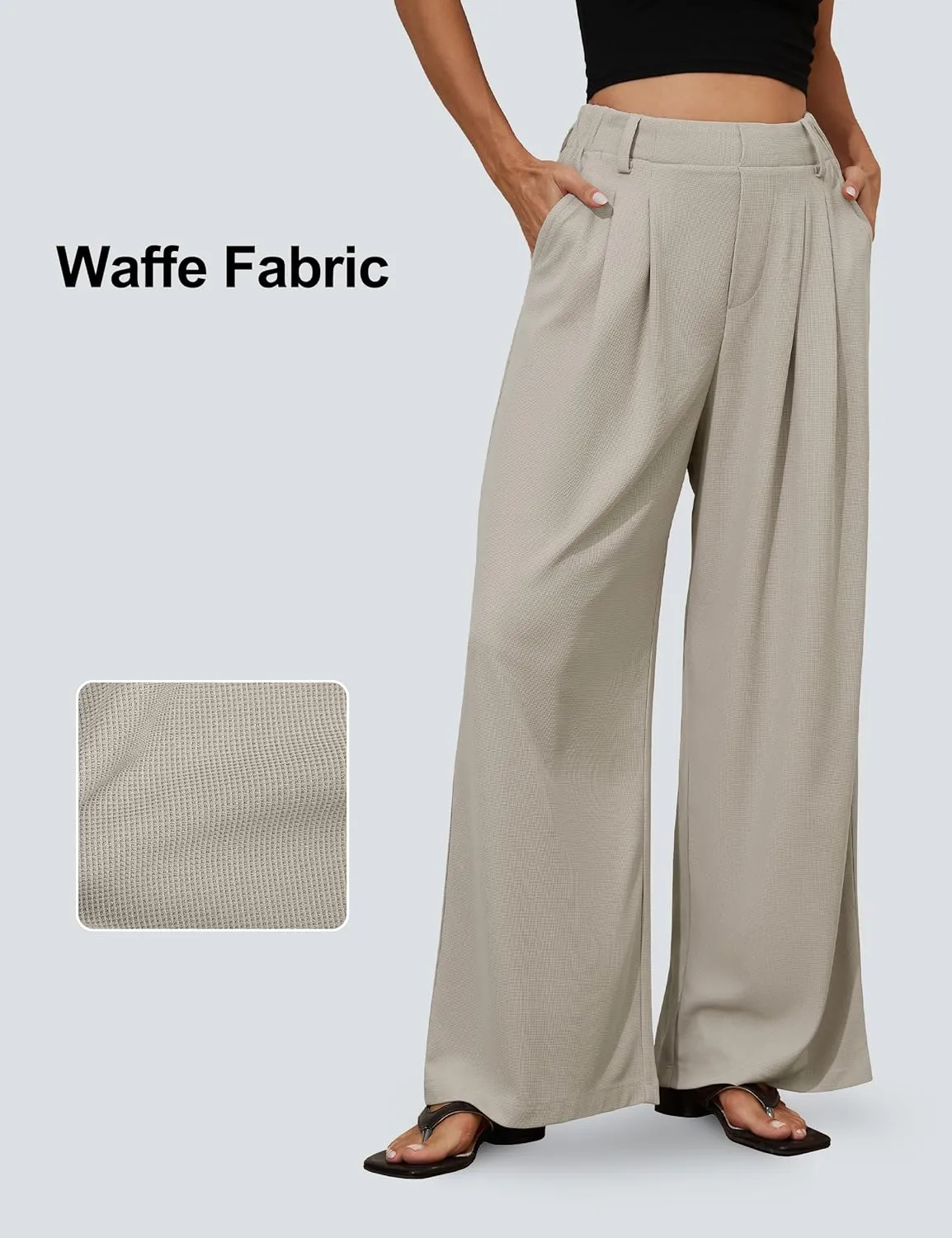 kayamiya Women's Elastic Waist Wide Leg Waffle Pants High Waisted Business Work Casual Summer Dress Trousers with Pockets