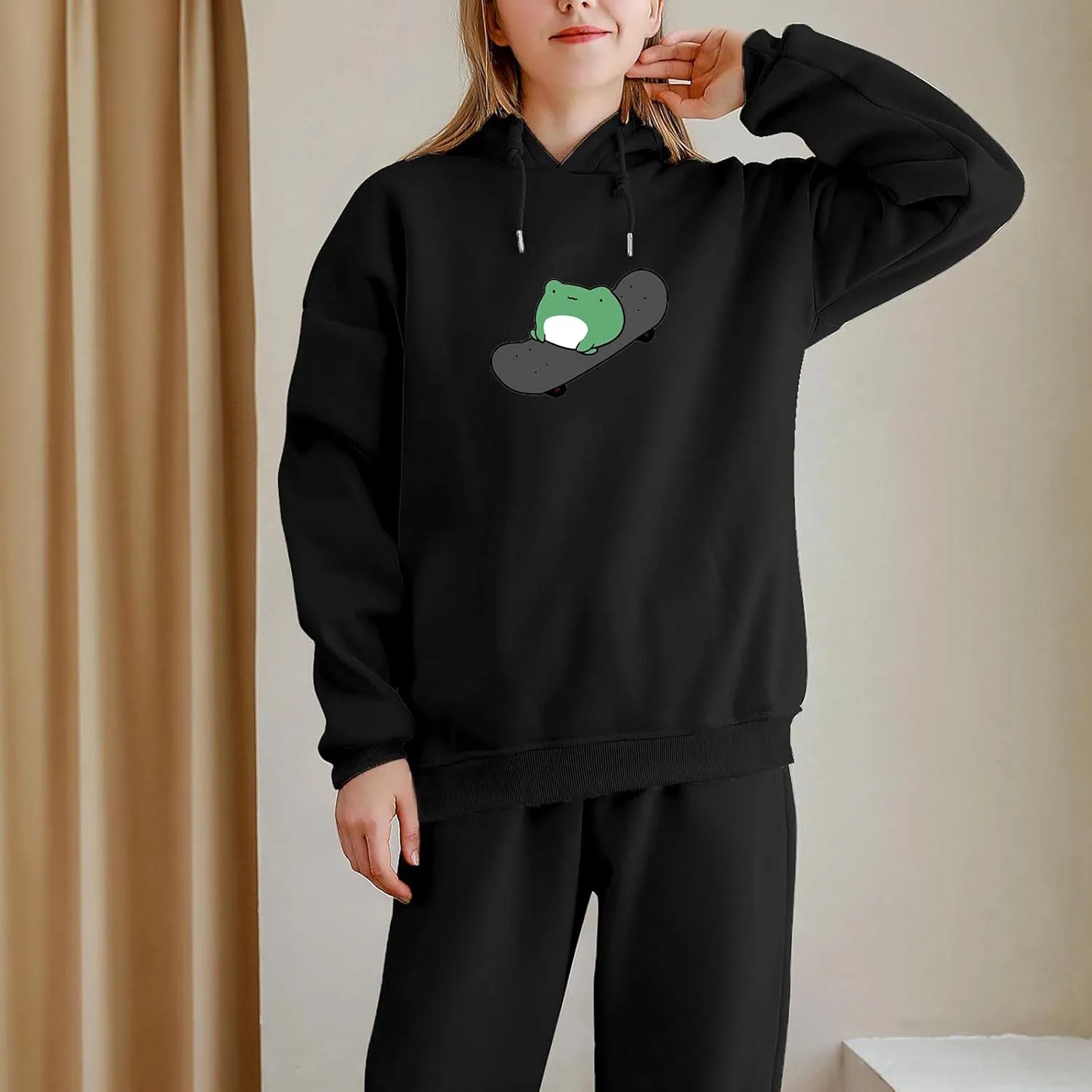 KEEVICI Women's Cute Sweatshirts Skateboarding Frog Long Sleeve Hoodie Pullover Tops