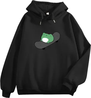 KEEVICI Women's Cute Sweatshirts Skateboarding Frog Long Sleeve Hoodie Pullover Tops