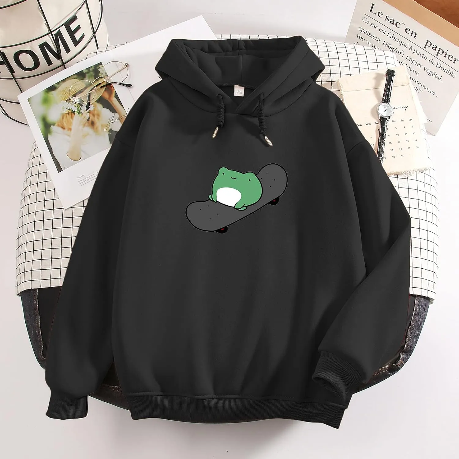 KEEVICI Women's Cute Sweatshirts Skateboarding Frog Long Sleeve Hoodie Pullover Tops