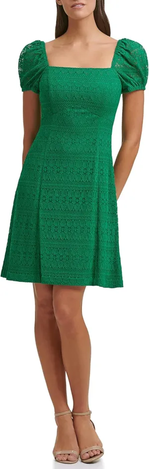 kensie Women's Short Puff Sleeve A-line Pleated Mini Dress