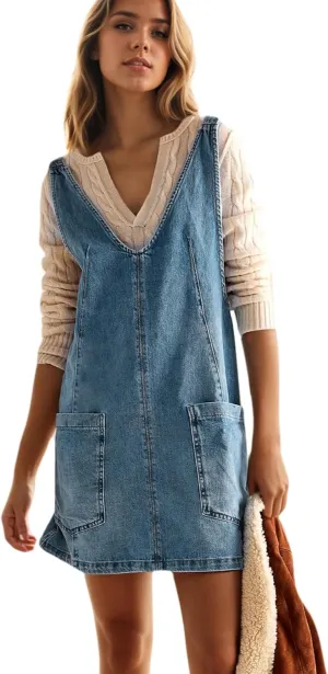 LifeShe Denim Overall Dress For Women Sleeveless High Roller Skirtall Short Jean Jumper Dress Mini Pinafore