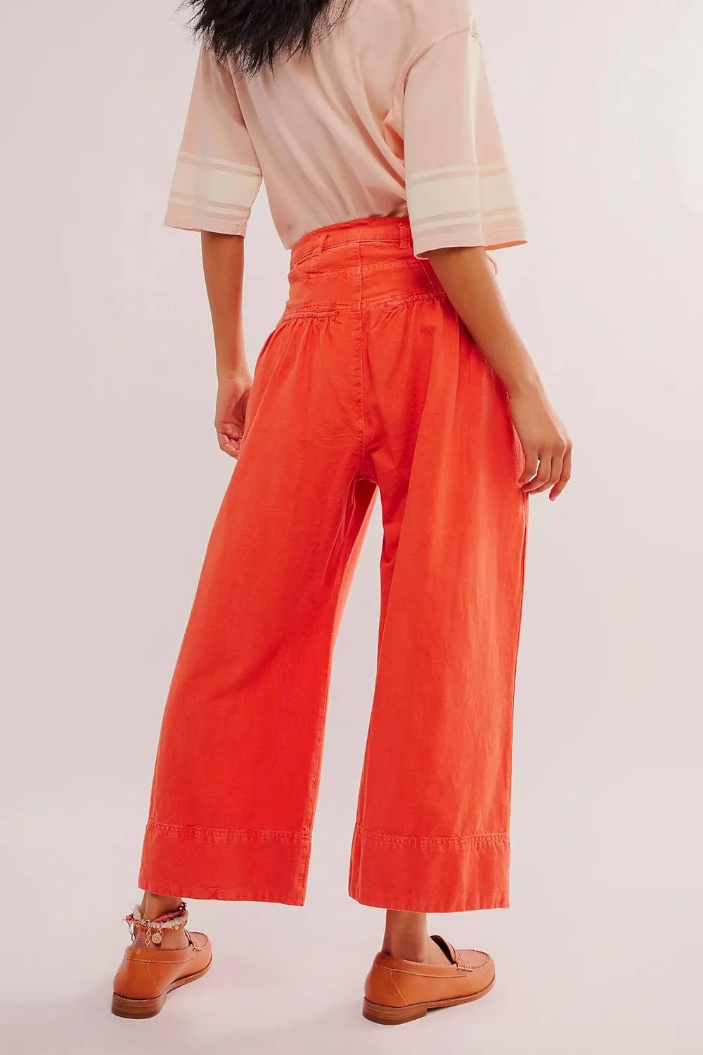 LifeShe Women Cotton Pants Wide Leg Cropped Pant Casual Baggy Elastic Waist Work Office Trousers