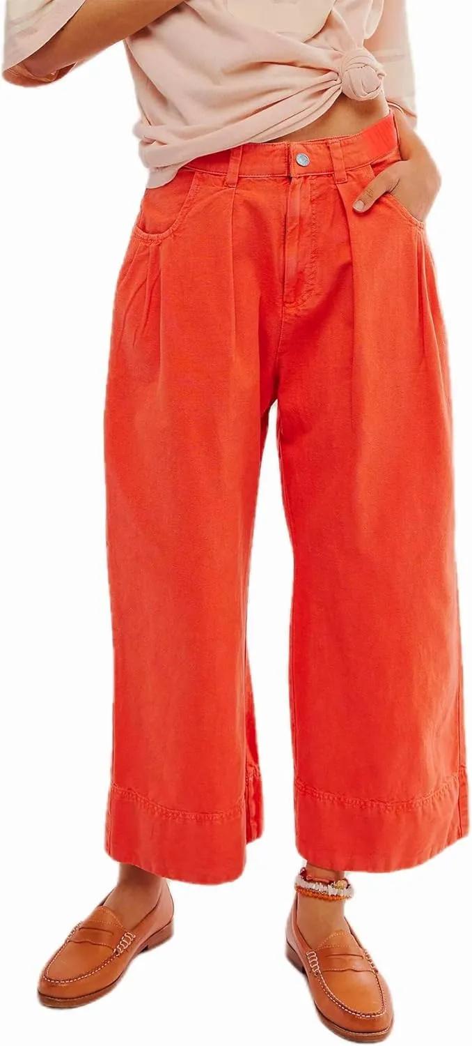 LifeShe Women Cotton Pants Wide Leg Cropped Pant Casual Baggy Elastic Waist Work Office Trousers