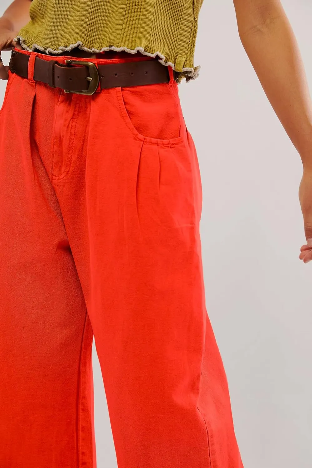 LifeShe Women Cotton Pants Wide Leg Cropped Pant Casual Baggy Elastic Waist Work Office Trousers