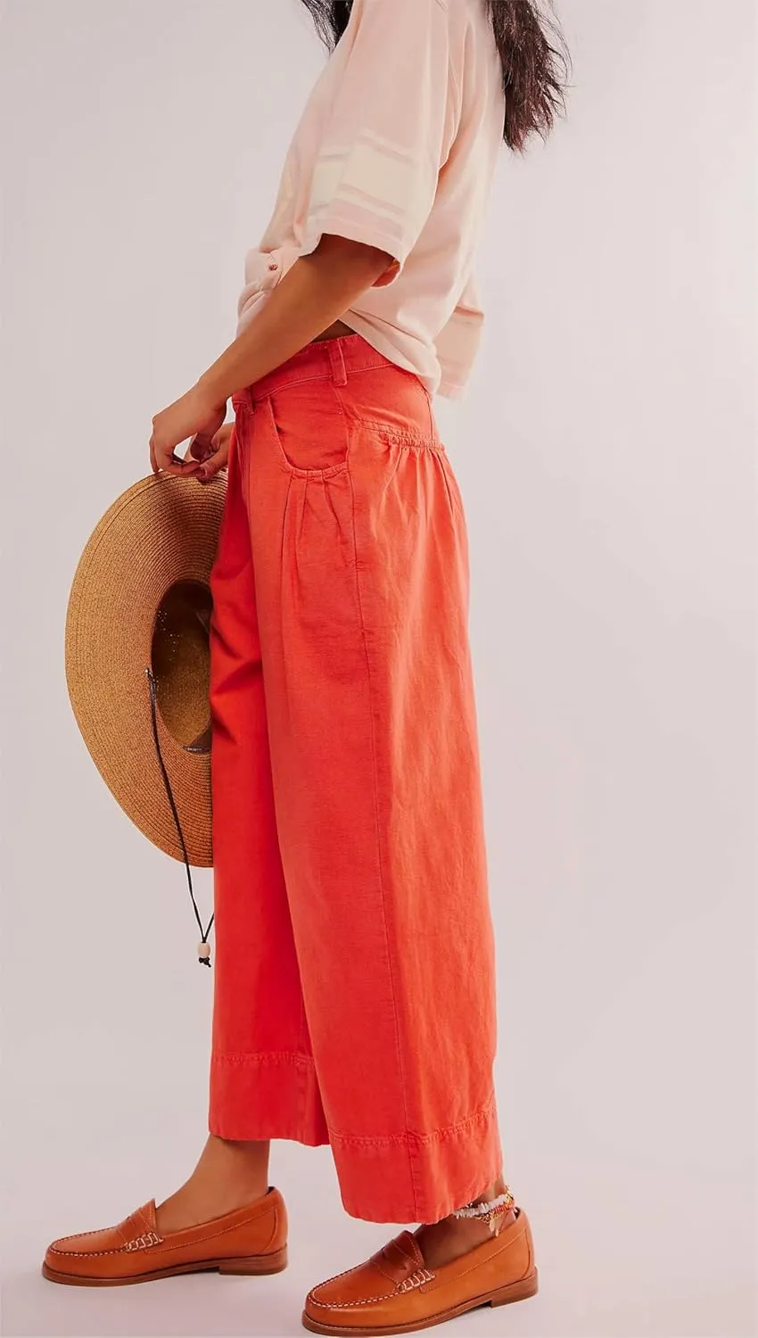 LifeShe Women Cotton Pants Wide Leg Cropped Pant Casual Baggy Elastic Waist Work Office Trousers