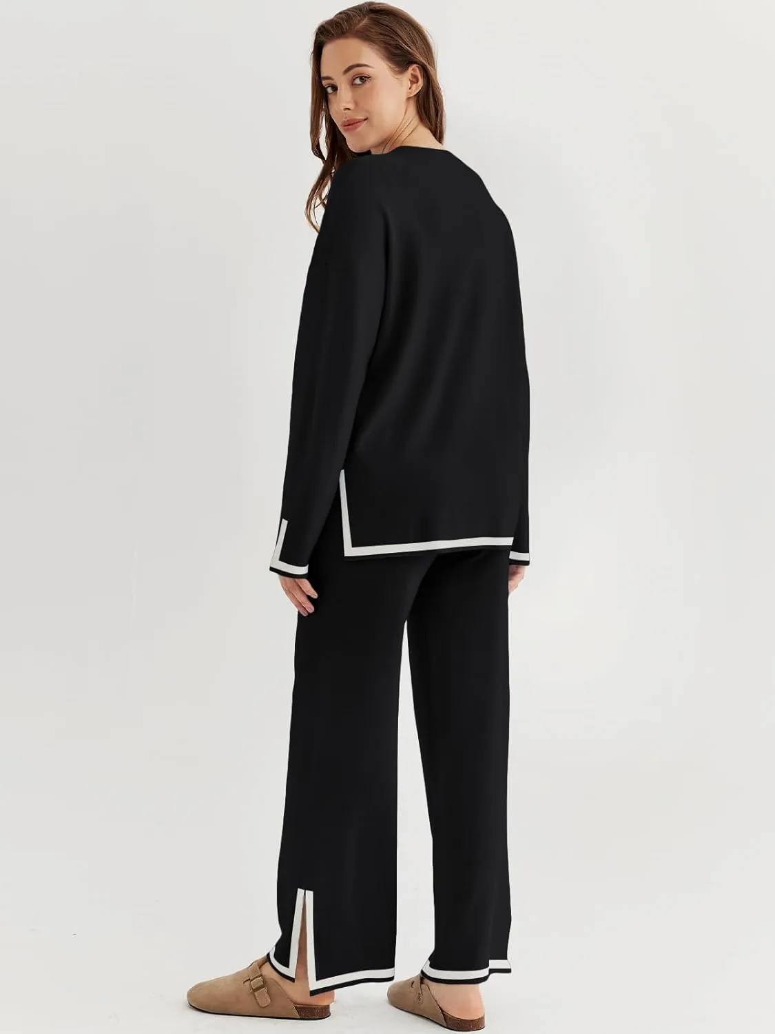 LILLUSORY Women Fall 2 Piece Lounge Set Outfits Sweatsuits Long Sleeve Sweater Tops Wide Leg Pants