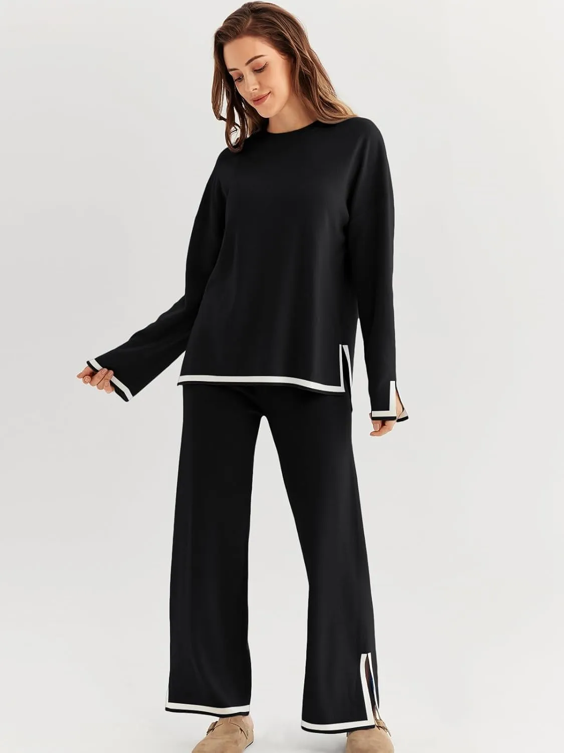 LILLUSORY Women Fall 2 Piece Lounge Set Outfits Sweatsuits Long Sleeve Sweater Tops Wide Leg Pants