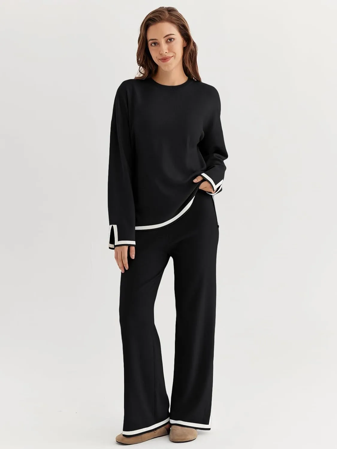 LILLUSORY Women Fall 2 Piece Lounge Set Outfits Sweatsuits Long Sleeve Sweater Tops Wide Leg Pants