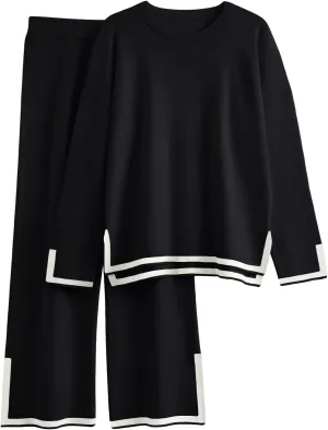 LILLUSORY Women Fall 2 Piece Lounge Set Outfits Sweatsuits Long Sleeve Sweater Tops Wide Leg Pants
