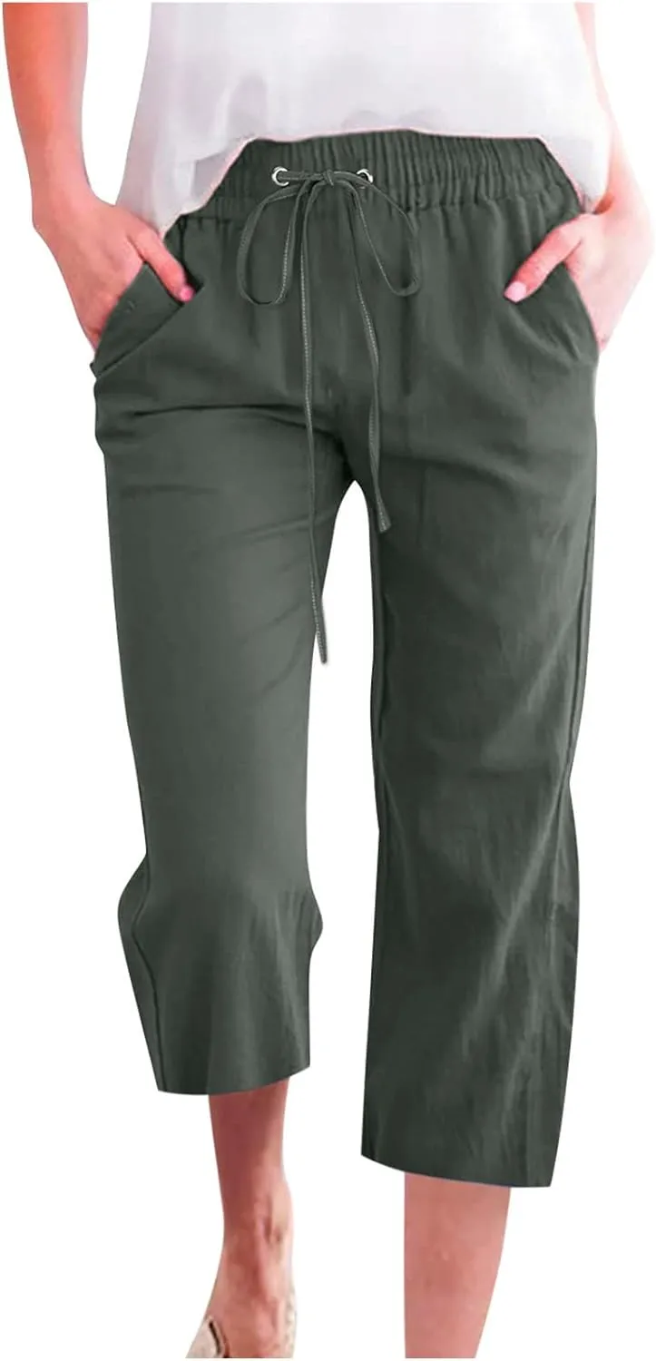 Linen Capri Pants for Women Loose Fit Crop Trousers Elastic Drawstring Waist Summer Boho Beach Outfit with Pockets
