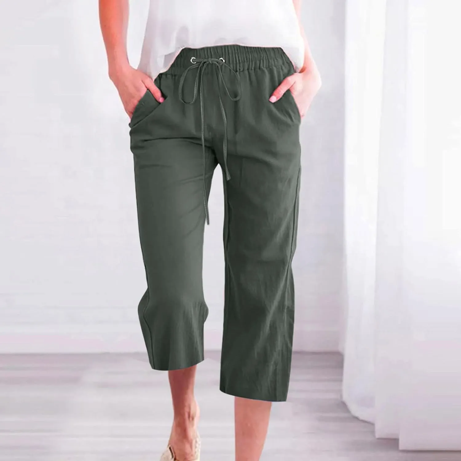 Linen Capri Pants for Women Loose Fit Crop Trousers Elastic Drawstring Waist Summer Boho Beach Outfit with Pockets
