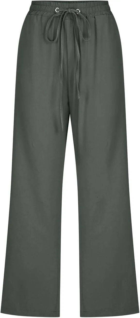 Linen Capri Pants for Women Loose Fit Crop Trousers Elastic Drawstring Waist Summer Boho Beach Outfit with Pockets