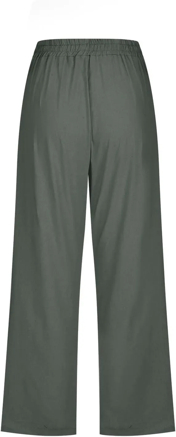 Linen Capri Pants for Women Loose Fit Crop Trousers Elastic Drawstring Waist Summer Boho Beach Outfit with Pockets