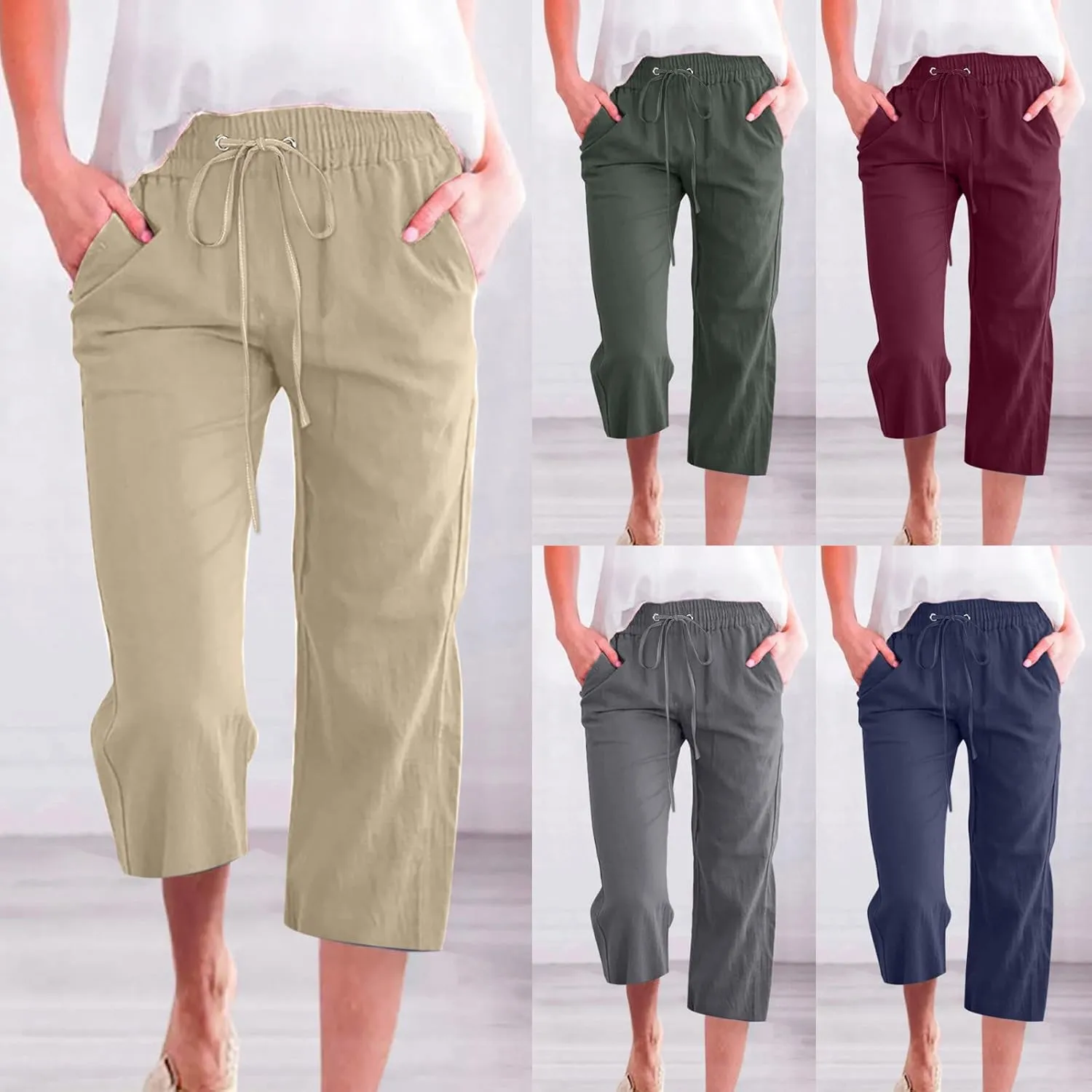 Linen Capri Pants for Women Loose Fit Crop Trousers Elastic Drawstring Waist Summer Boho Beach Outfit with Pockets