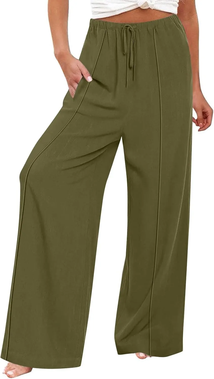 Linen Palazzo Pants for Women Loose Fit Comfy Wide Leg Pants Summer Drawstring High Waisted Lounge Pants with Pockets