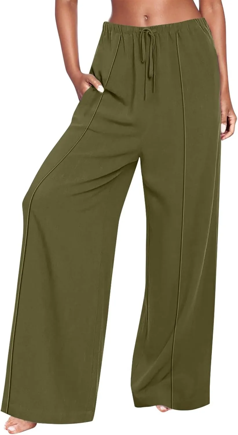 Linen Palazzo Pants for Women Loose Fit Comfy Wide Leg Pants Summer Drawstring High Waisted Lounge Pants with Pockets