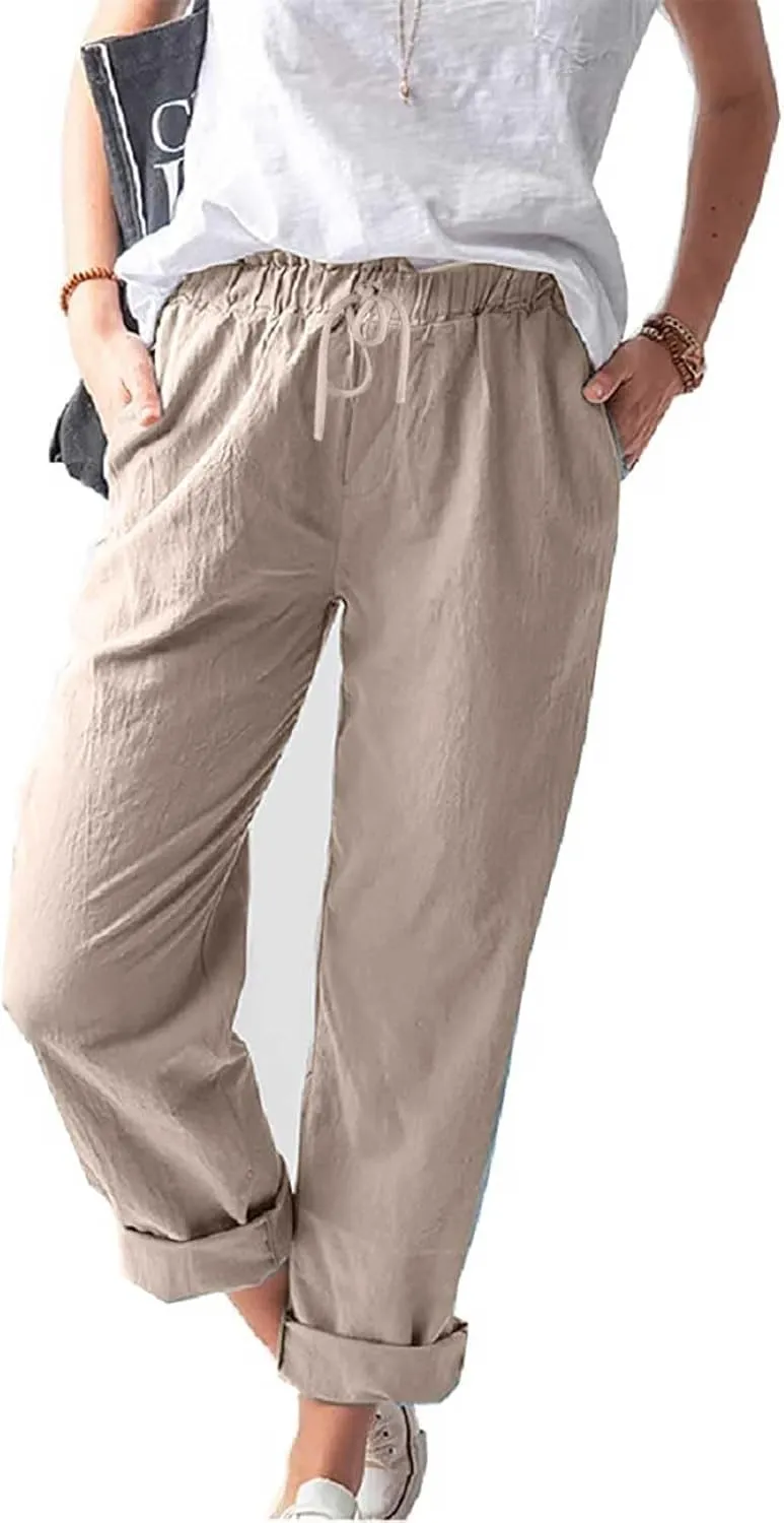 Linen Pants for Women 2025 Straight Wide Leg Lounge Pants Elastic Waist Roll Up Summer Beach Trousers with Pockets