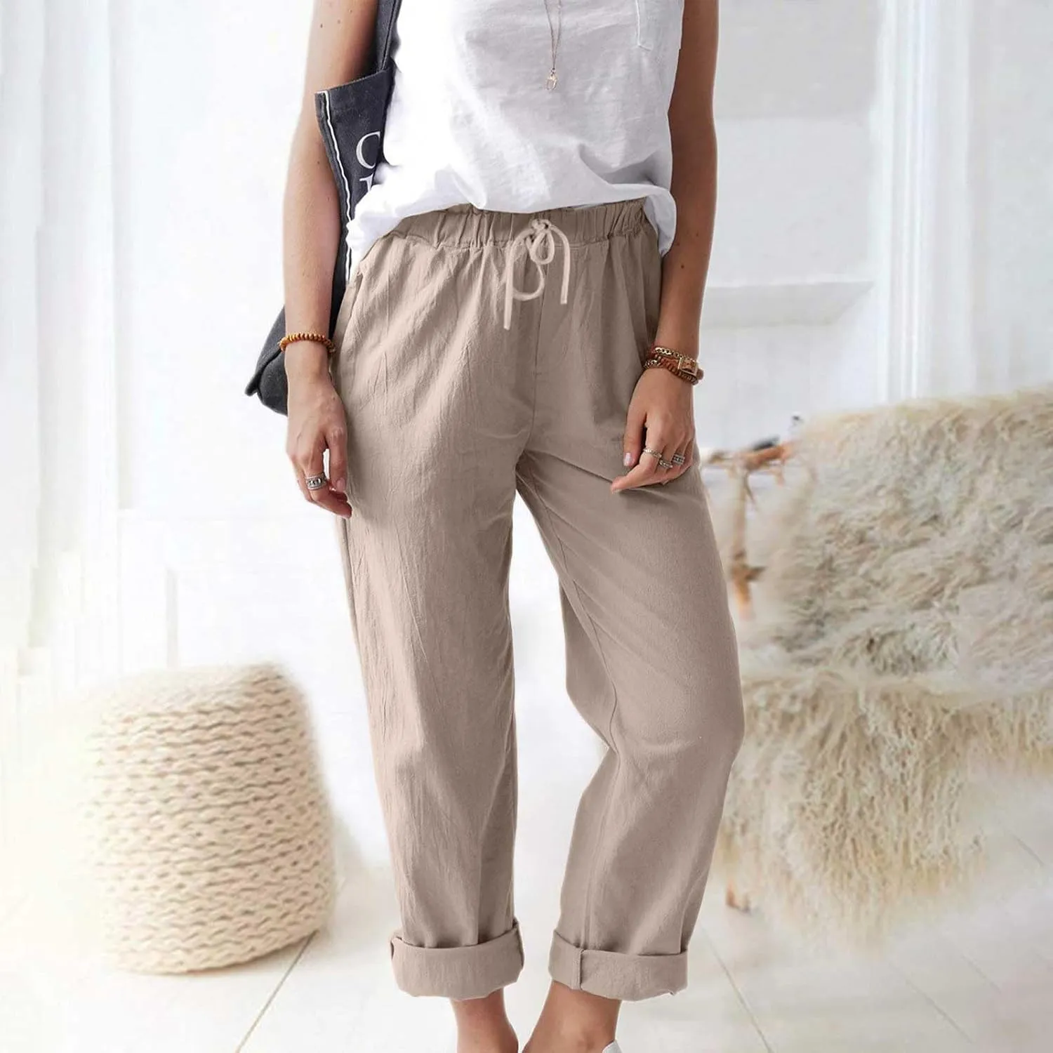 Linen Pants for Women 2025 Straight Wide Leg Lounge Pants Elastic Waist Roll Up Summer Beach Trousers with Pockets
