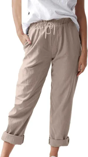 Linen Pants for Women 2025 Straight Wide Leg Lounge Pants Elastic Waist Roll Up Summer Beach Trousers with Pockets
