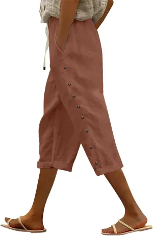 Linen Pants for Women Summer Drawstring Pockets Loose Casual Cotton Linen Beach Trousers Straight Leg Lounge