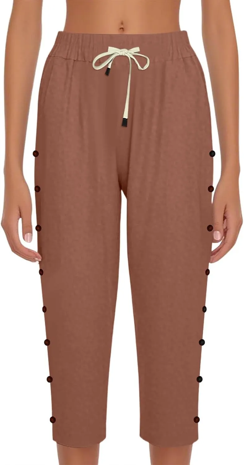 Linen Pants for Women Summer Drawstring Pockets Loose Casual Cotton Linen Beach Trousers Straight Leg Lounge