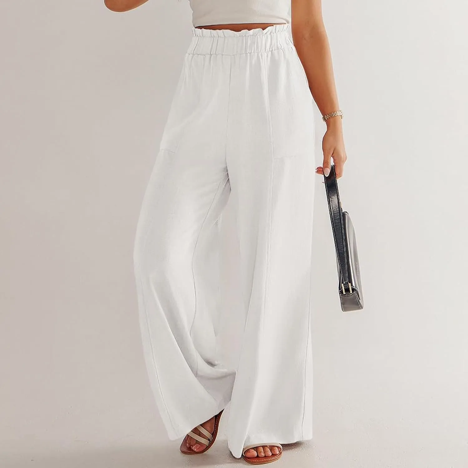 Linen Pants for Women Summer High Waisted Wide Leg Pants Baggy Casual Beach Pants Flowy Palazzo Pants with Pockets