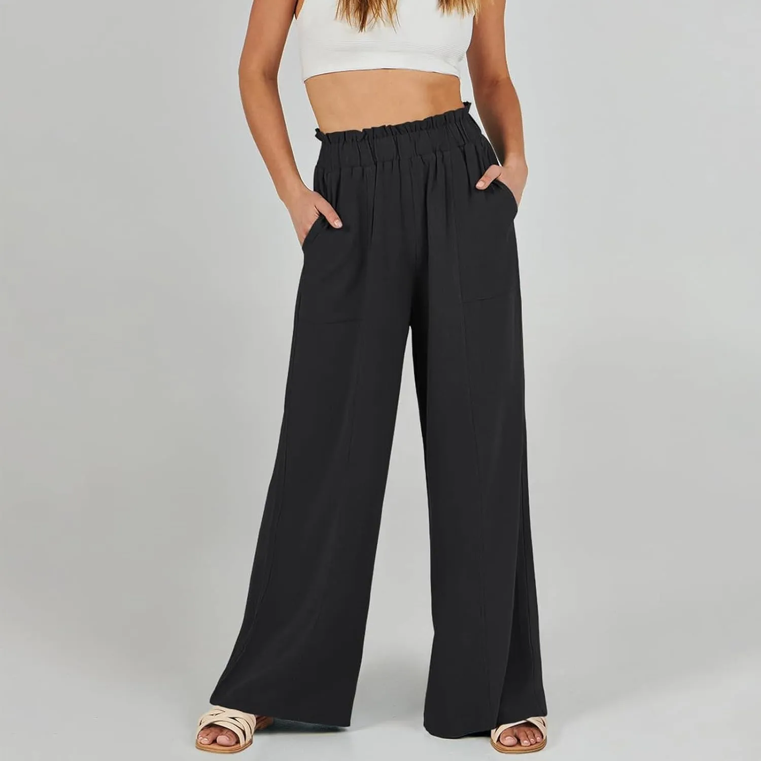 Linen Pants for Women Summer High Waisted Wide Leg Pants Baggy Casual Beach Pants Flowy Palazzo Pants with Pockets