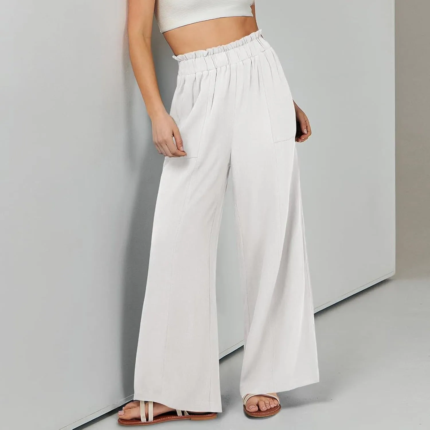 Linen Pants for Women Summer High Waisted Wide Leg Pants Baggy Casual Beach Pants Flowy Palazzo Pants with Pockets