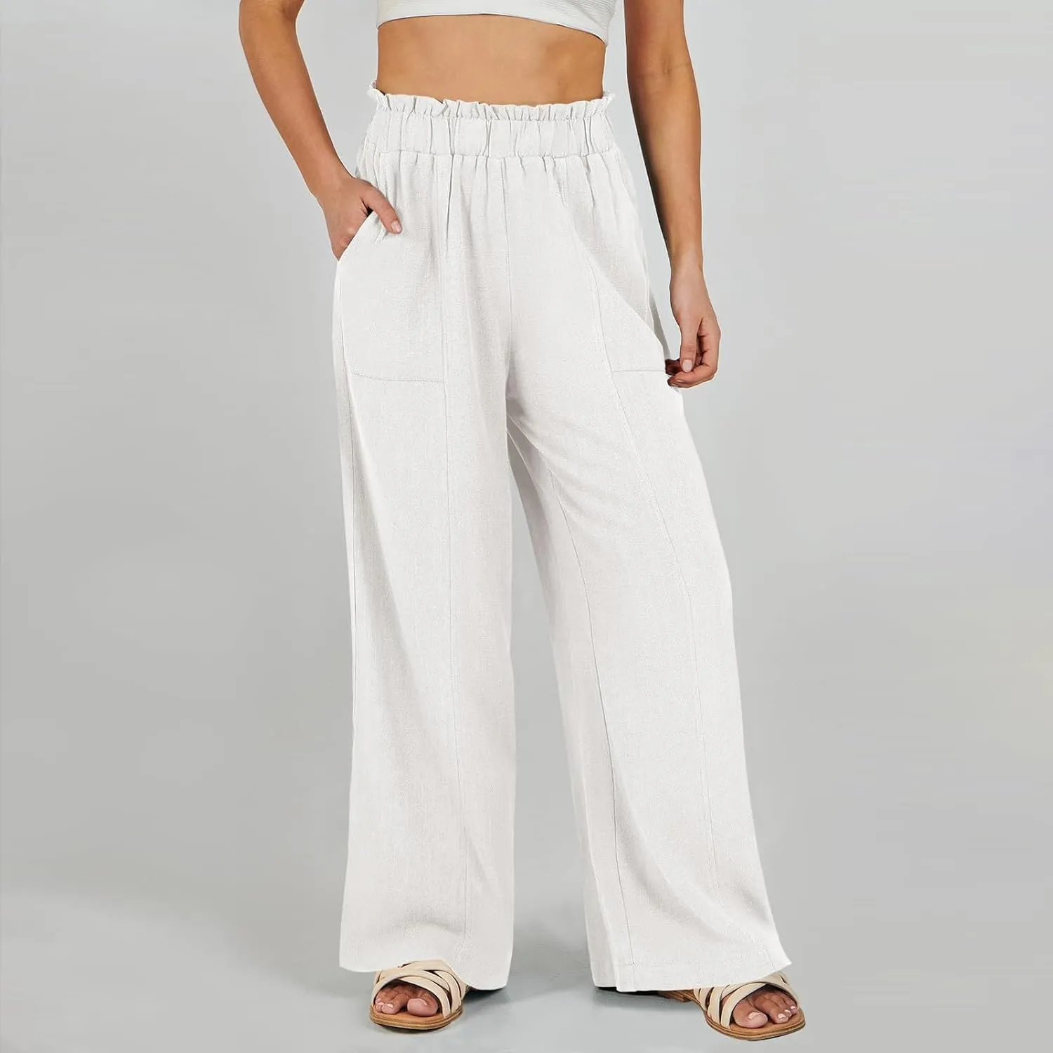 Linen Pants for Women Summer High Waisted Wide Leg Pants Baggy Casual Beach Pants Flowy Palazzo Pants with Pockets