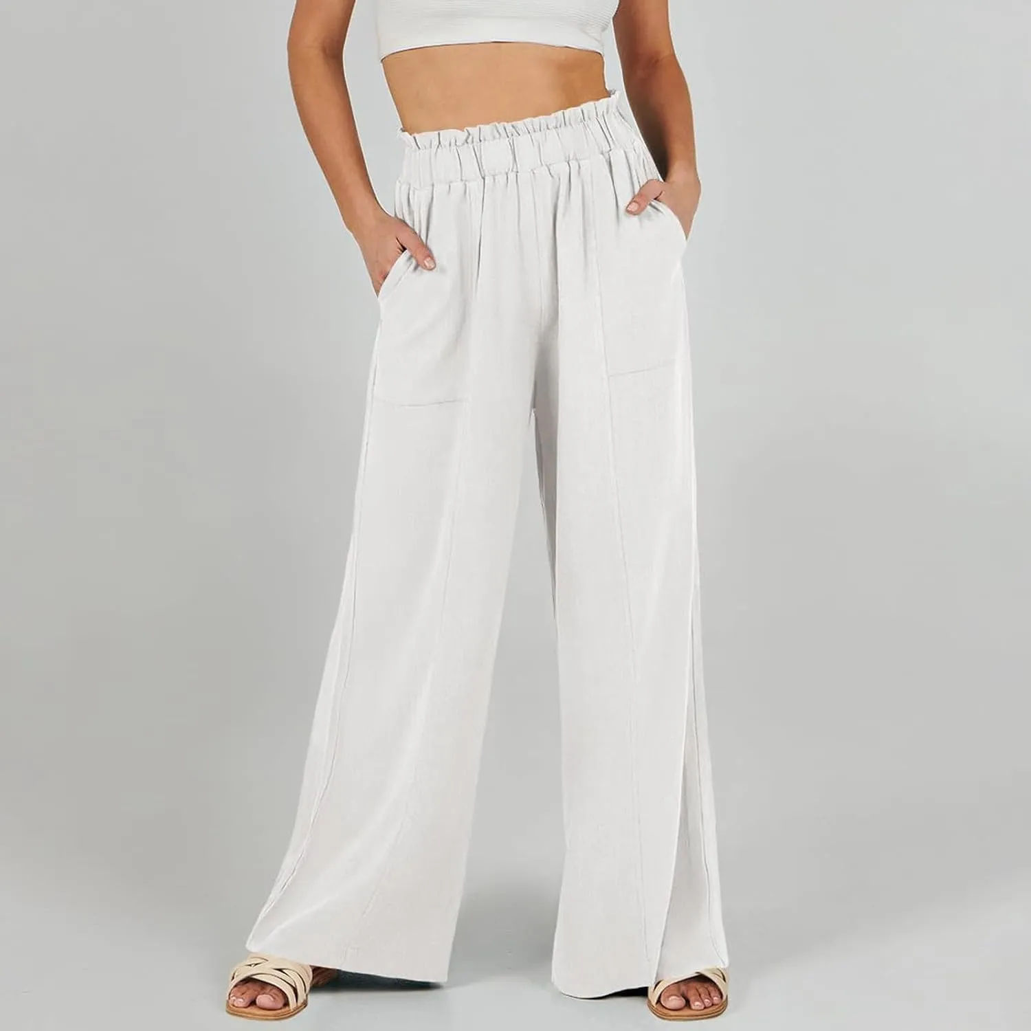 Linen Pants for Women Summer High Waisted Wide Leg Pants Baggy Casual Beach Pants Flowy Palazzo Pants with Pockets