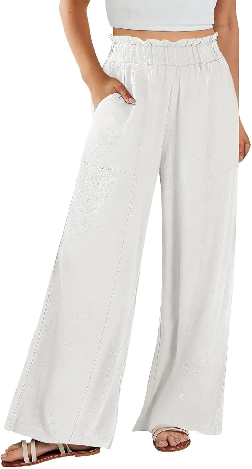 Linen Pants for Women Summer High Waisted Wide Leg Pants Baggy Casual Beach Pants Flowy Palazzo Pants with Pockets
