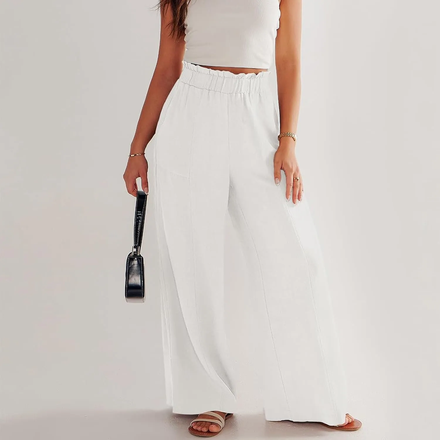 Linen Pants for Women Summer High Waisted Wide Leg Pants Baggy Casual Beach Pants Flowy Palazzo Pants with Pockets