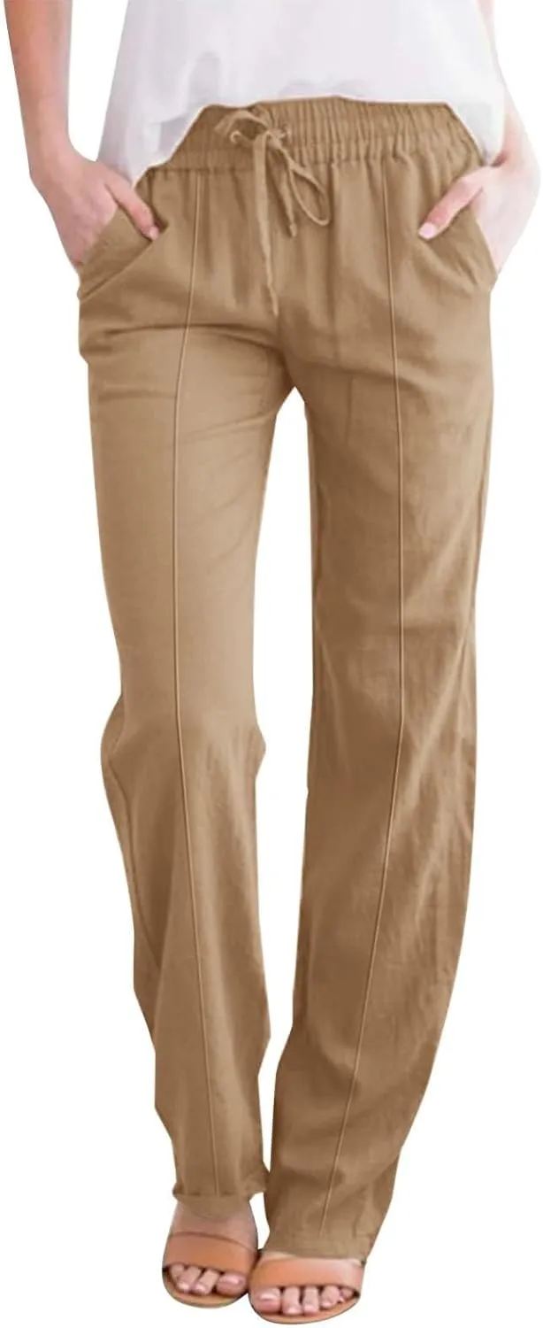 Linen Pants Women Loose Straight Leg Drawstring Summer Pants Casual Baggy Vacation Flowy Sweatpants with Pockets