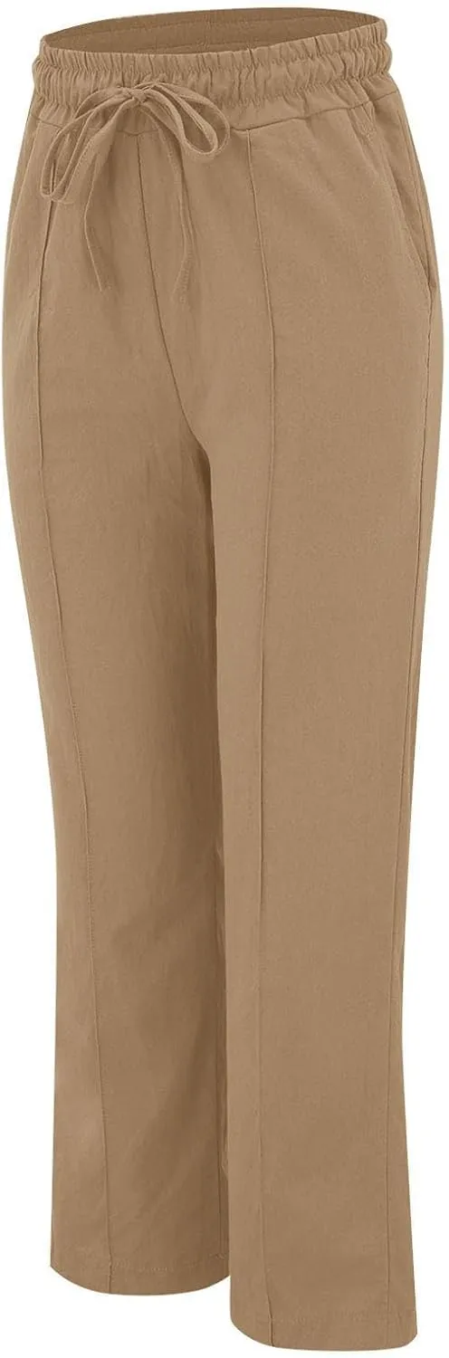 Linen Pants Women Loose Straight Leg Drawstring Summer Pants Casual Baggy Vacation Flowy Sweatpants with Pockets