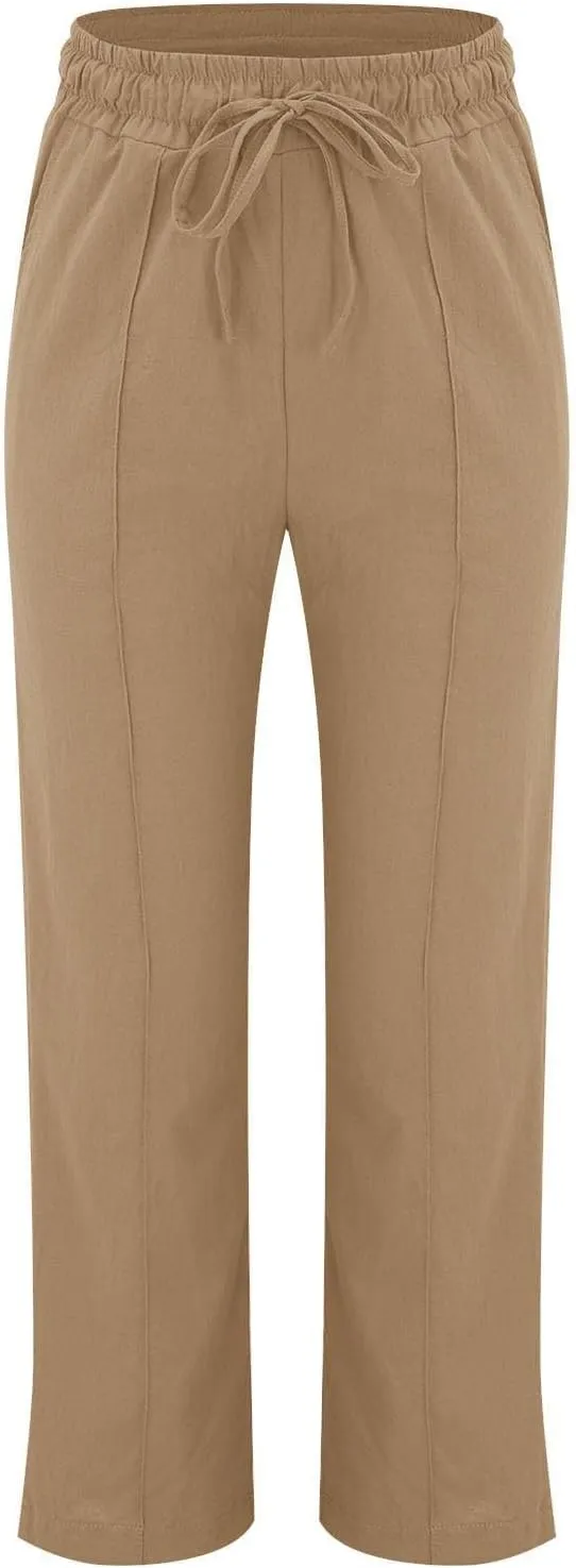 Linen Pants Women Loose Straight Leg Drawstring Summer Pants Casual Baggy Vacation Flowy Sweatpants with Pockets