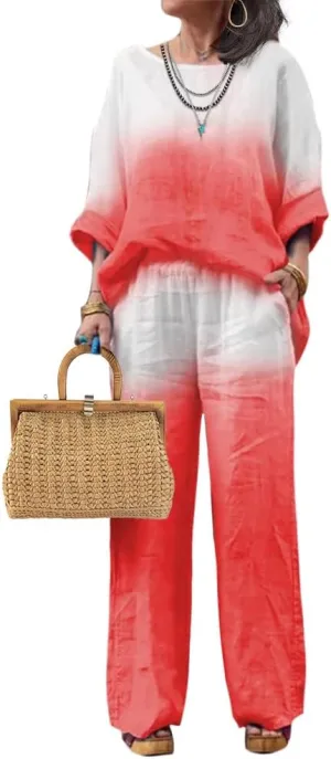 Linen Set for Women Casual Long Sleeve Gradient Color Loose Pant Plus Size Pants Sets Women 2 Piece Outfits