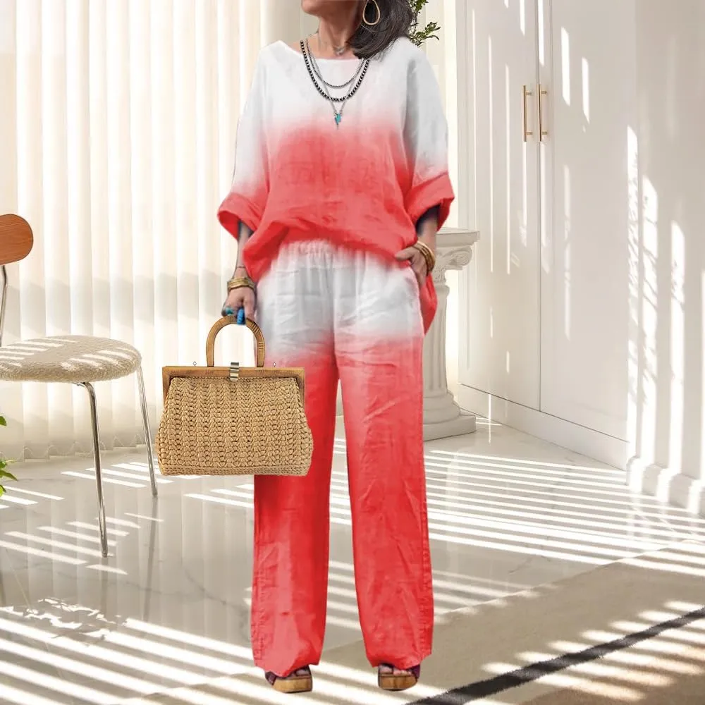 Linen Set for Women Casual Long Sleeve Gradient Color Loose Pant Plus Size Pants Sets Women 2 Piece Outfits