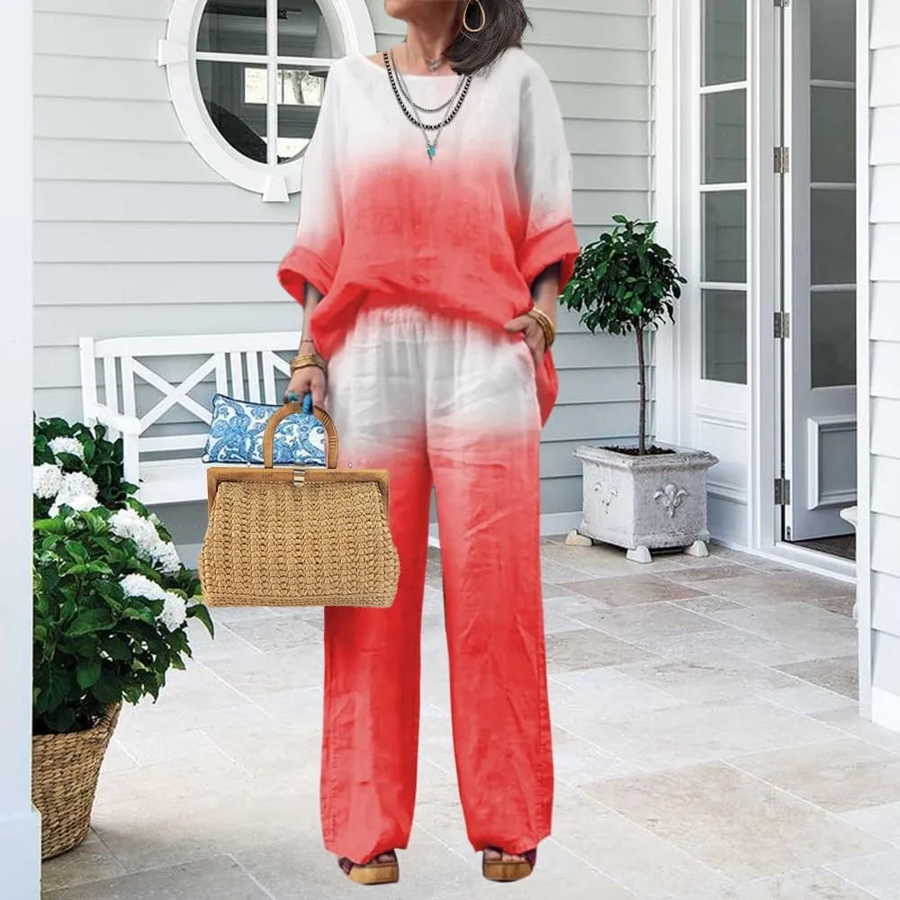 Linen Set for Women Casual Long Sleeve Gradient Color Loose Pant Plus Size Pants Sets Women 2 Piece Outfits