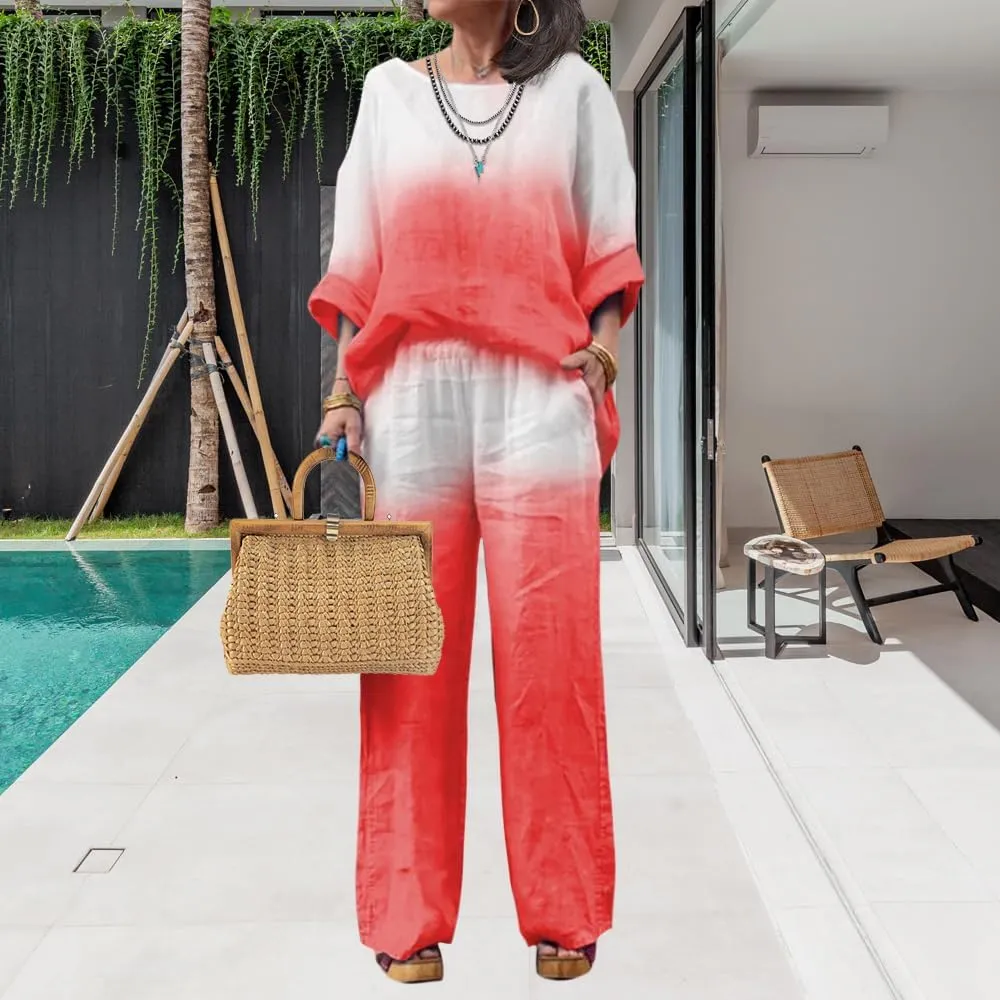 Linen Set for Women Casual Long Sleeve Gradient Color Loose Pant Plus Size Pants Sets Women 2 Piece Outfits