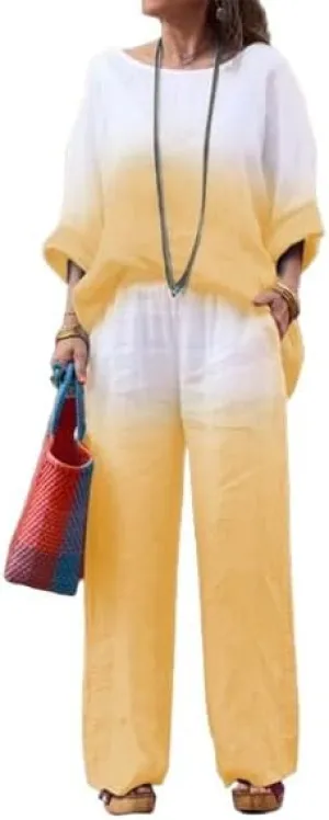 Linen Sets for Women 2 Piece Linen Pants Outfits Casual Long Sleeve Shirts and Wide Leg Pant Linen Suits Plus Size